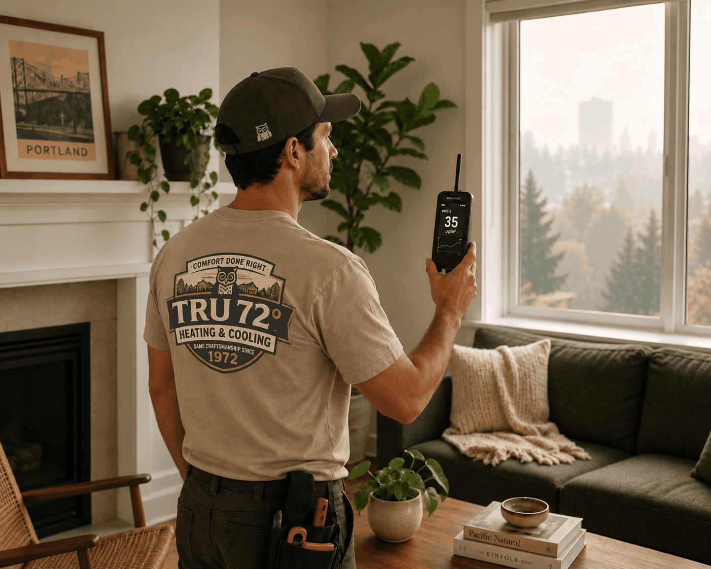 Tru72 technician taking an indoor air reading with a handheld meter in the living room of an Albany-area home