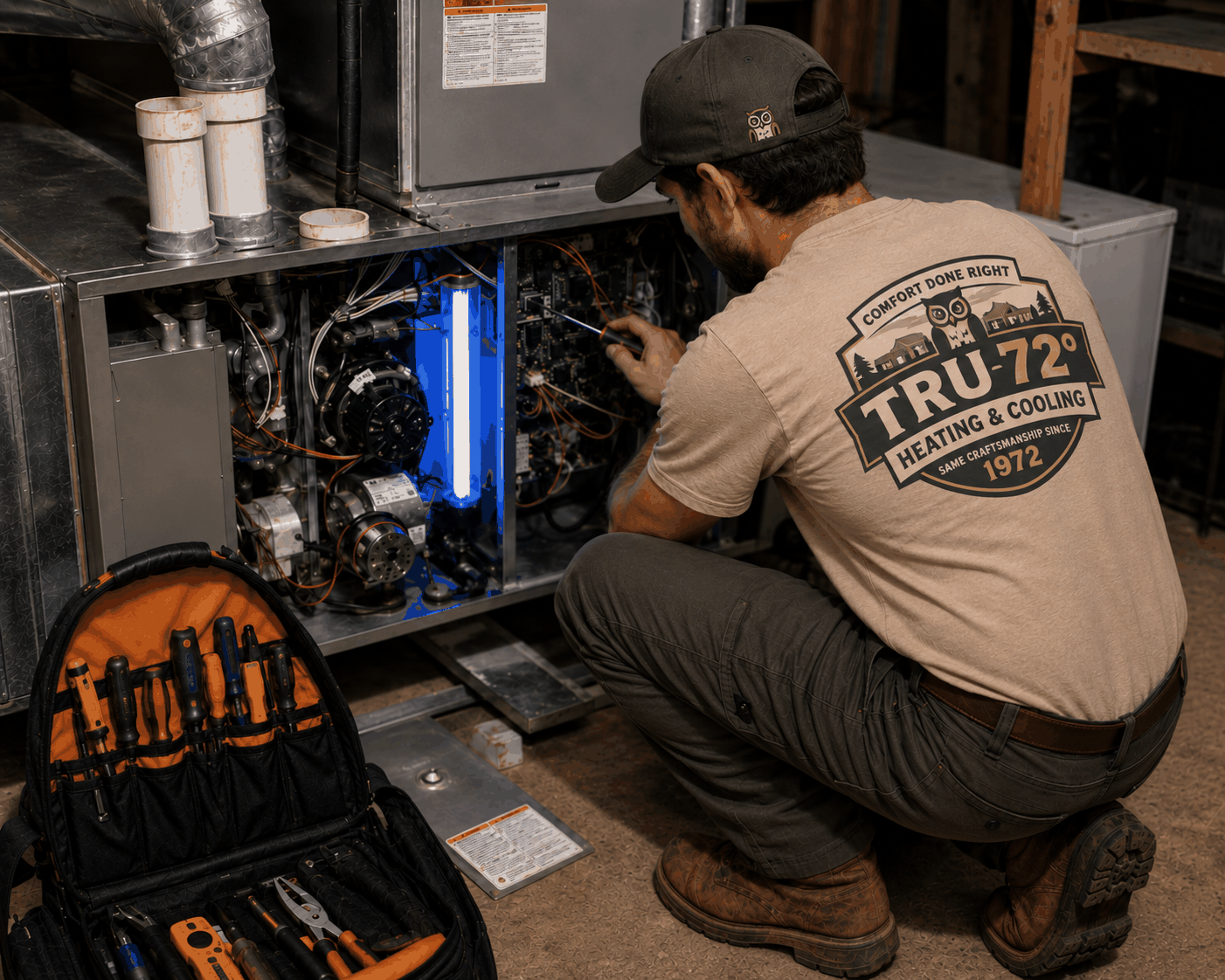 Tru72 technician servicing an air handler fitted with a UV air-purifying lamp at a Portland-area home