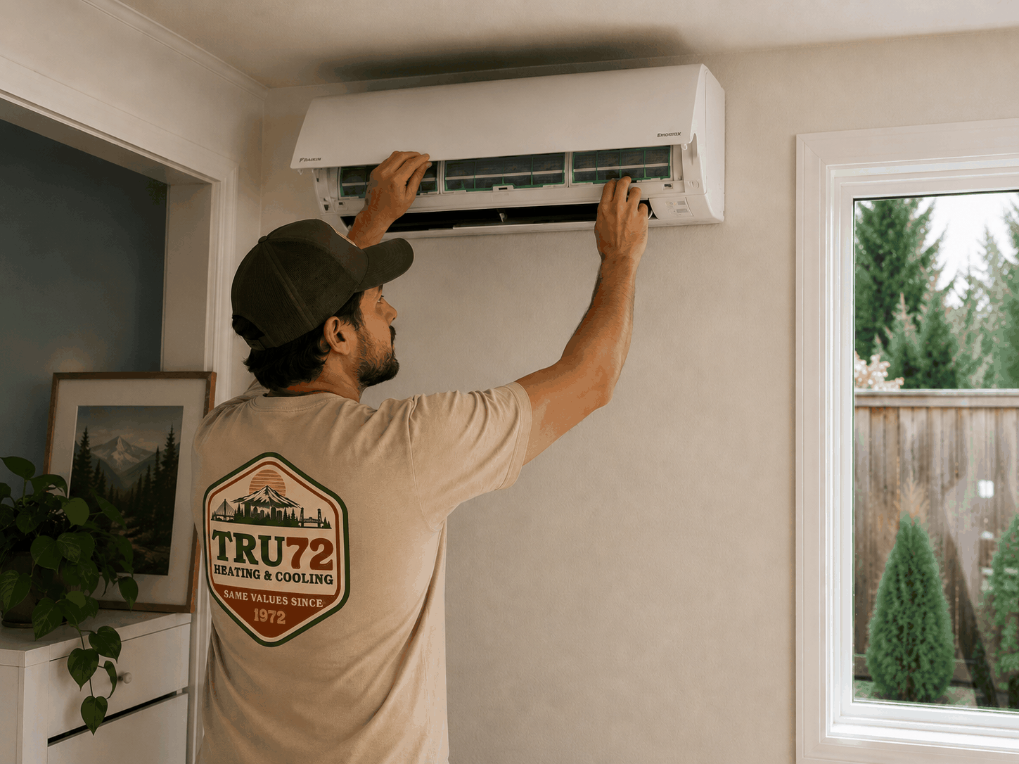 Tru72 technician installing a ductless mini-split head in an Albany-area home